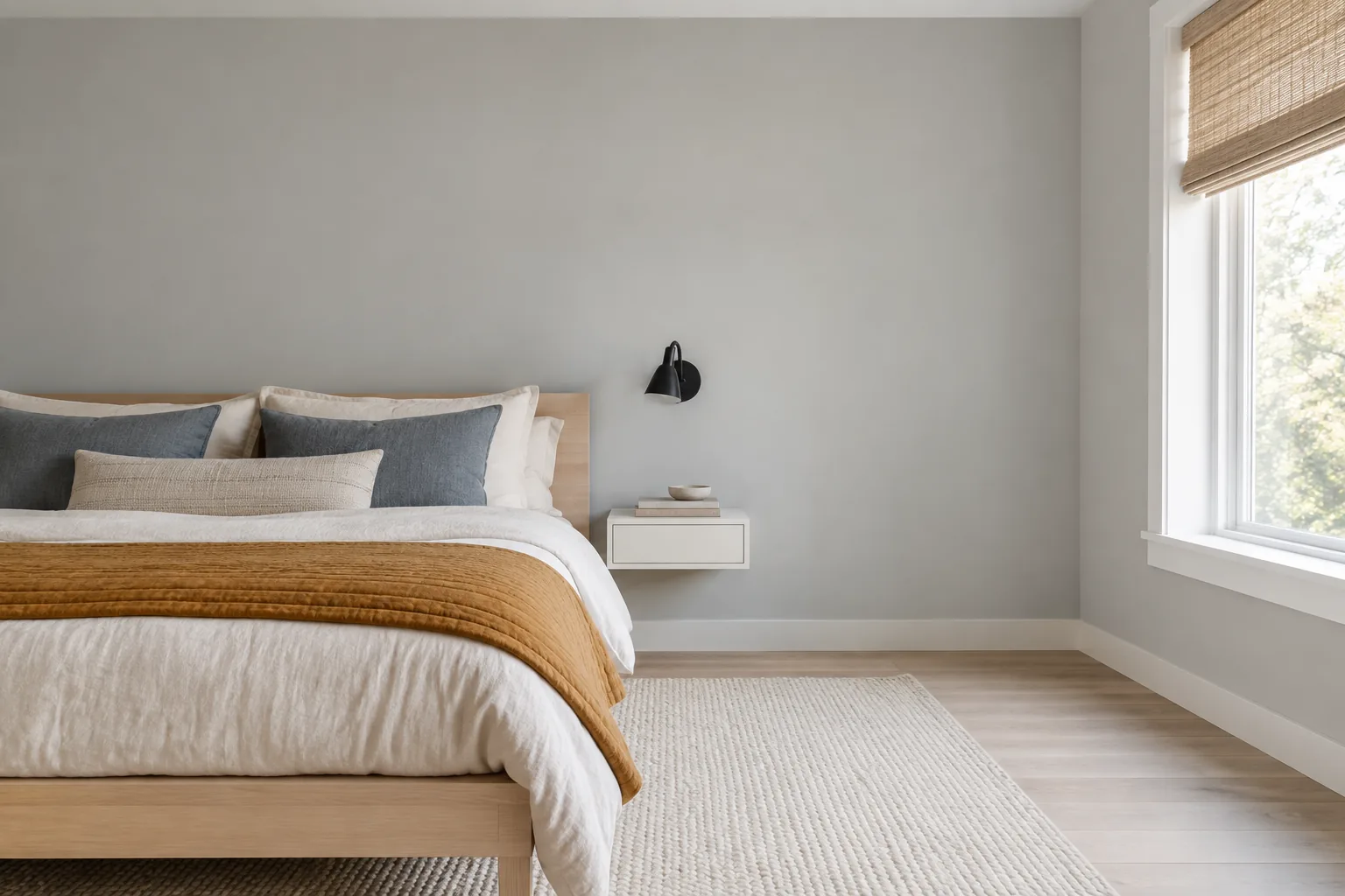 Soft gray Nordic bedroom with a pale wood bed, ochre throw, floating white nightstand, and woven window shade