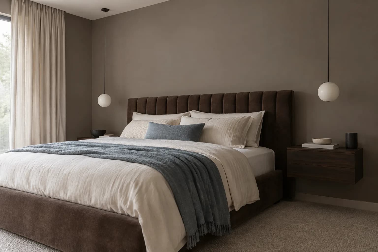 Taupe contemporary bedroom with a chocolate upholstered bed, floating walnut nightstands, and globe pendants