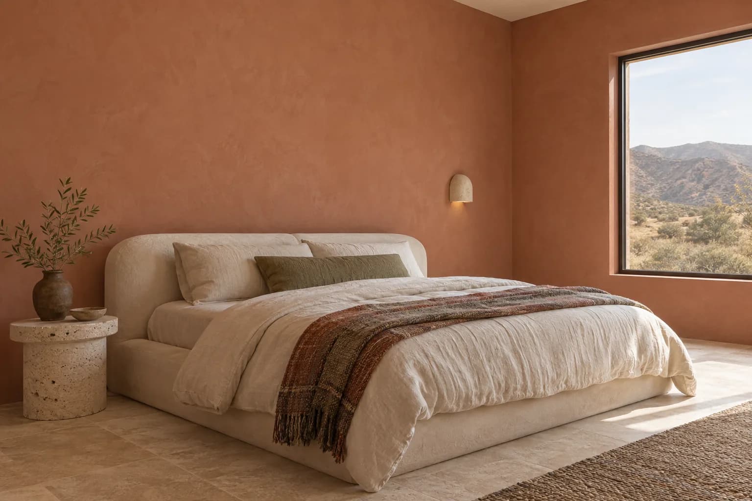 Terracotta desert-style bedroom with a rounded cream bed, travertine side table, and pale stone floor