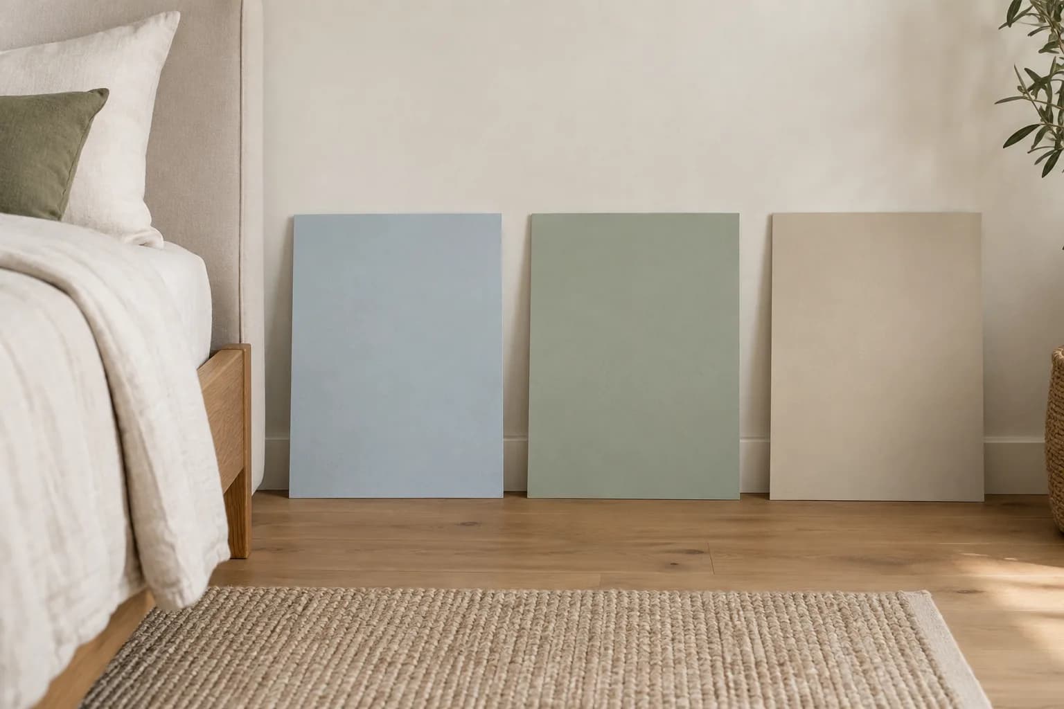 Pale blue, sage green, and warm beige paint sample boards beside an oak bed and cream bedding