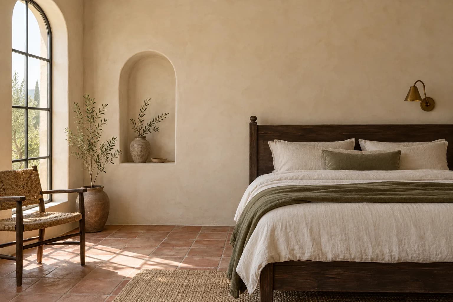 Warm beige Mediterranean bedroom with an arched window, plaster niche, dark wood bed, and terracotta tiles