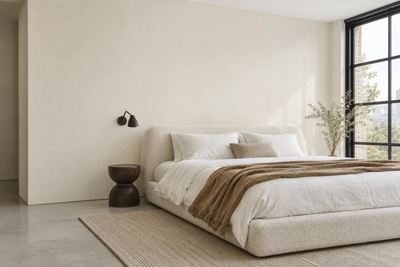 Warm white modern bedroom with a cream upholstered bed, black-framed window, and pale concrete floor