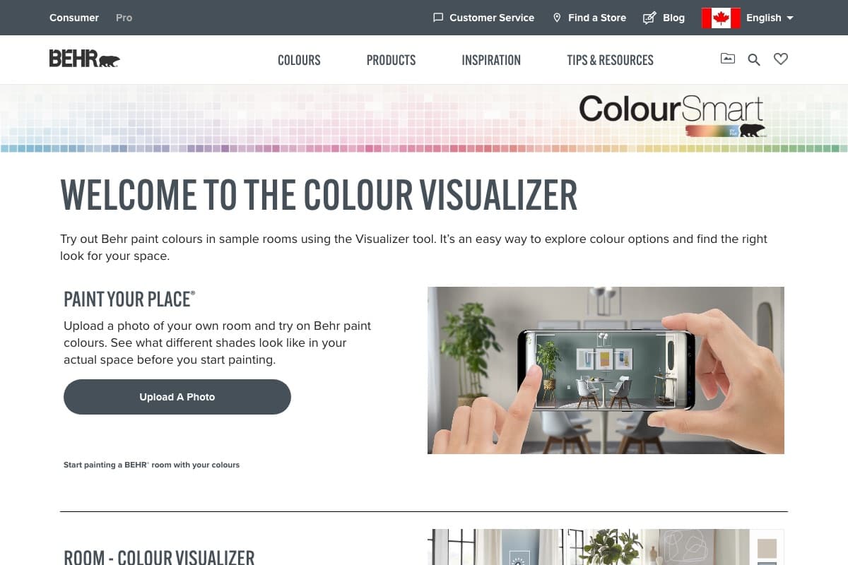 Behr Colour Visualizer page with the Paint Your Place photo upload option shown on a phone