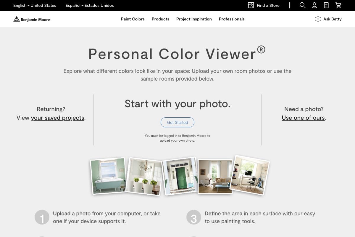 Benjamin Moore Personal Color Viewer start page with a photo upload option and sample room photos