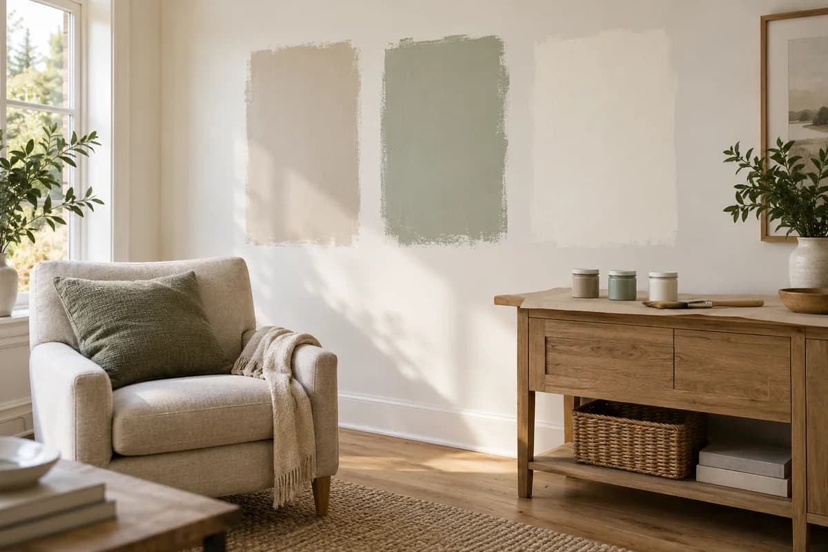 Greige, sage, and cream paint samples tested on a living room wall beside oak furniture and a linen armchair