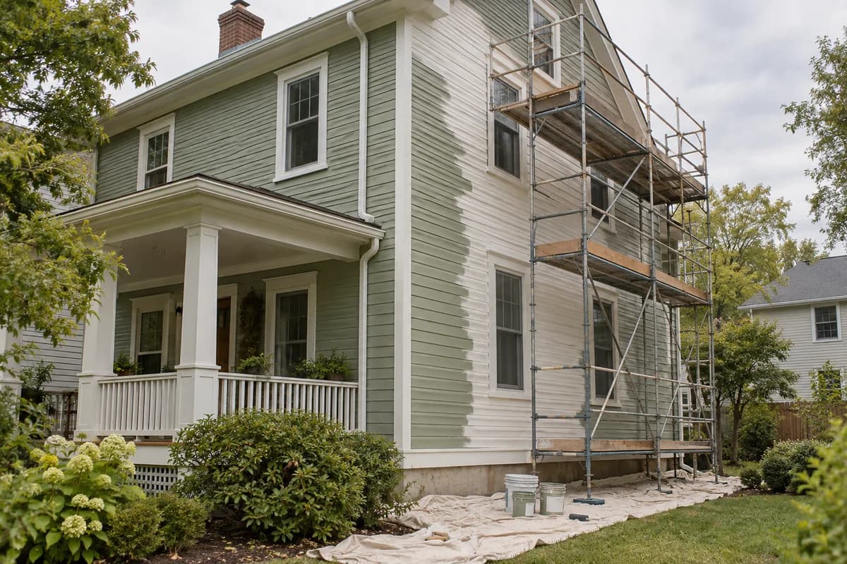 Two-story house with partly painted sage siding, scaffolding, and drop cloths for an exterior repaint
