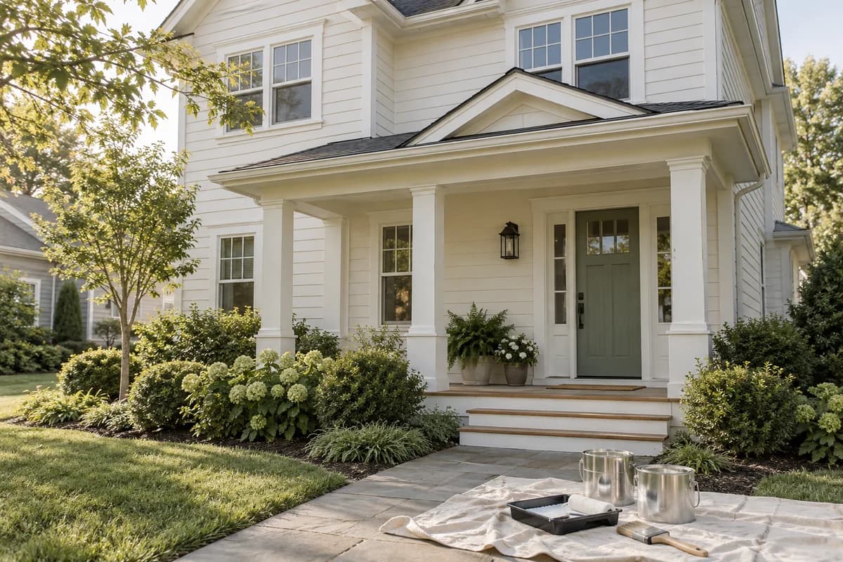 Freshly painted white house with a sage green front door and painting supplies beside the porch