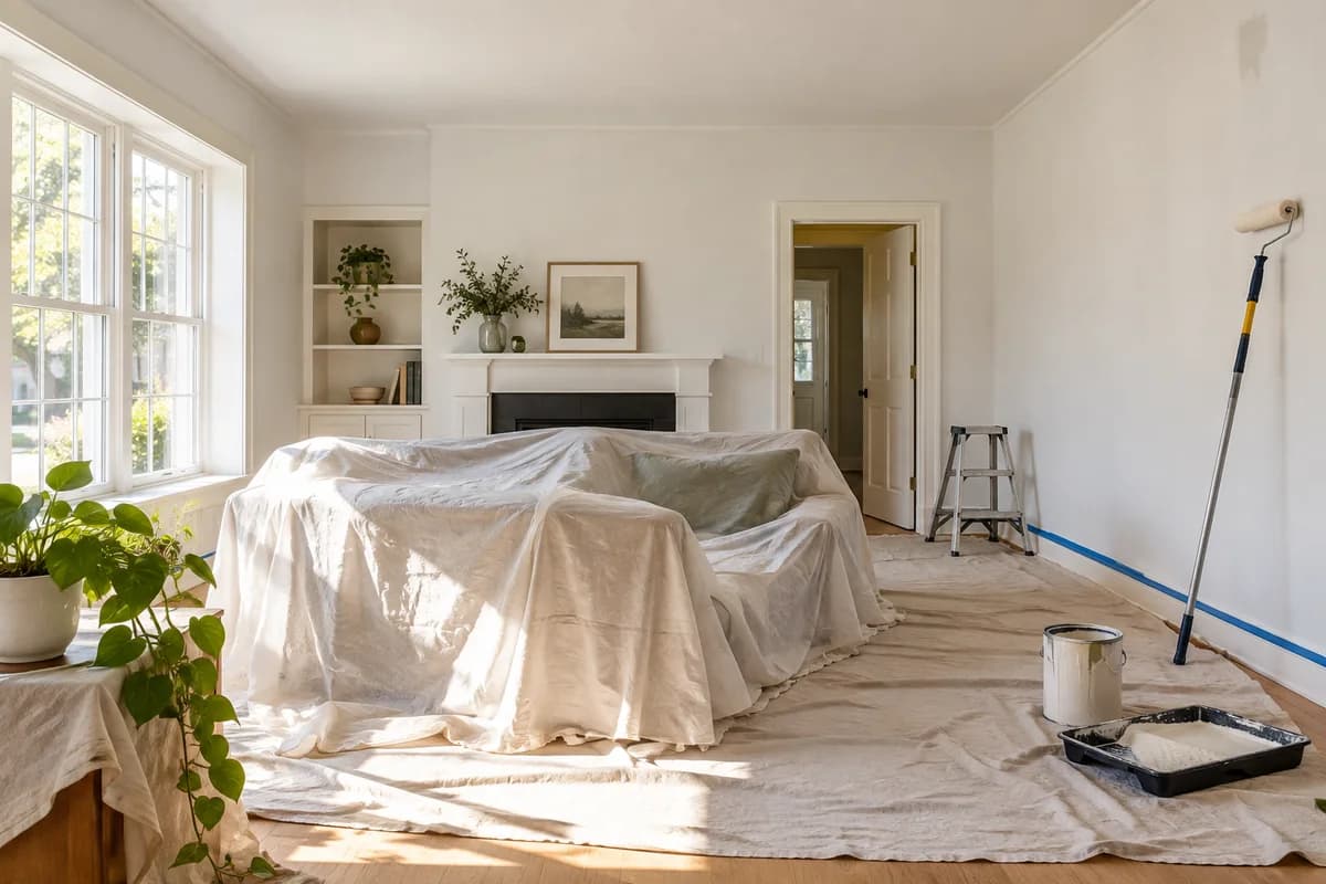 Living room prepared for painting with covered furniture, canvas drop cloths, and a roller tray