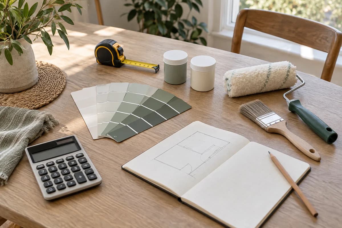 Calculator, tape measure, room sketch, paint samples, and brushes arranged on a table to plan a painting project
