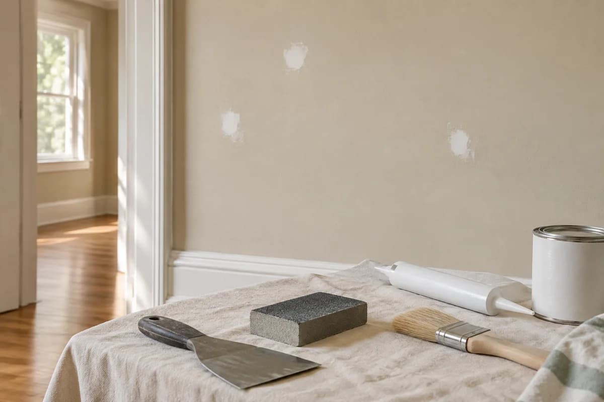 Patched interior wall beside a workbench with sanding, caulking, and priming supplies