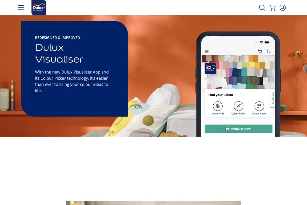 Dulux Visualiser page showing the mobile app with Colour Wall, Colour Picker, and Colour Finder tools