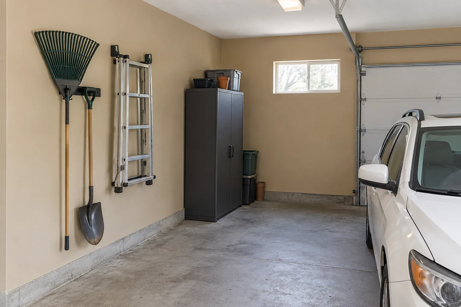 Beige parking garage with a white family car, charcoal cabinet, wall-mounted ladder, and garden tools