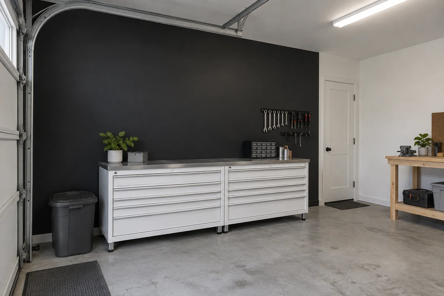 Black garage tool-storage accent wall with white drawer cabinets beside a workbench on a white wall