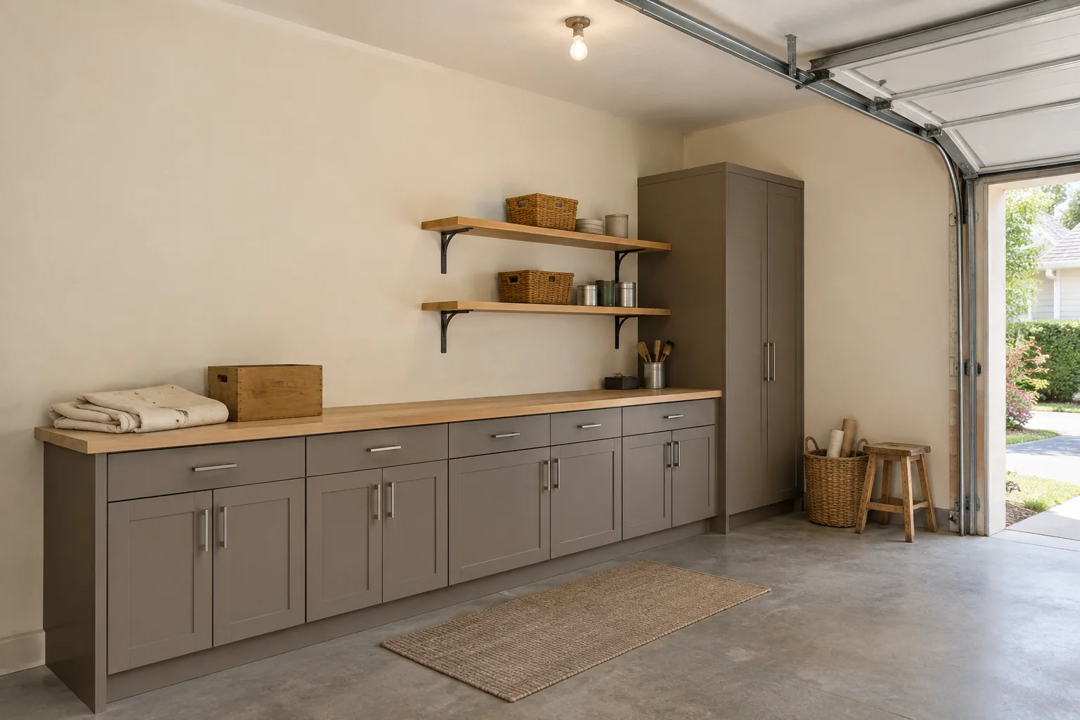Cream garage walls above taupe cabinets with natural wood shelves and a timber worktop