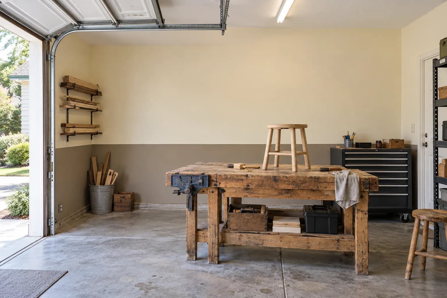 Garage woodworking space with cream upper walls, taupe lower walls, and a worn timber workbench