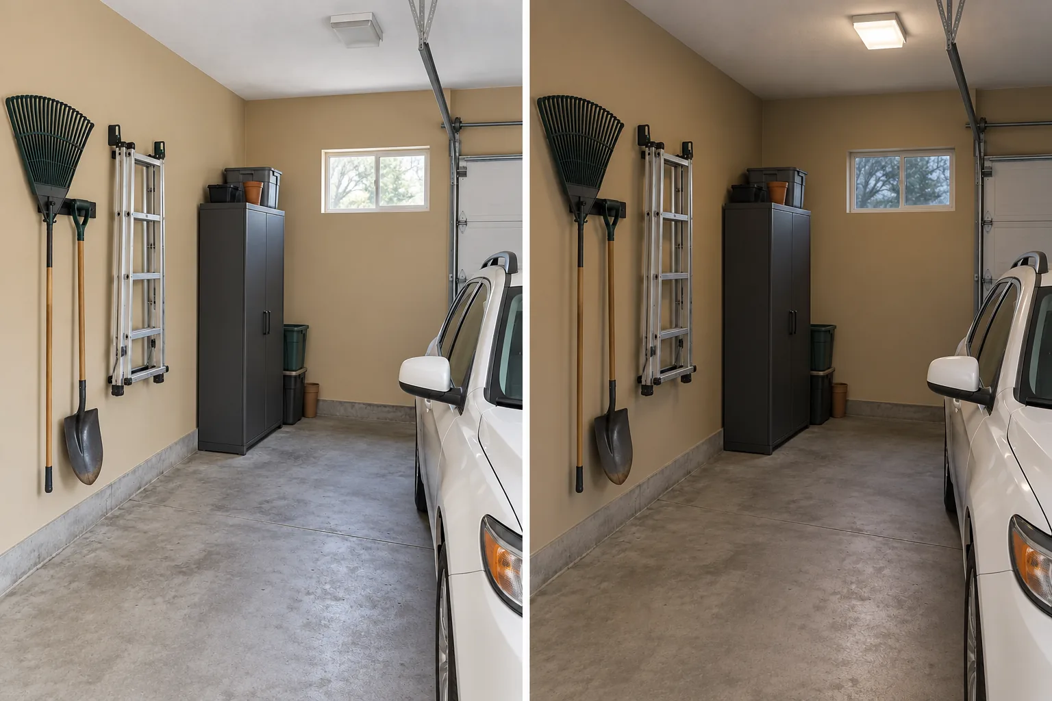 Matching views of a beige garage in daylight on the left and under overhead lighting in the evening on the right