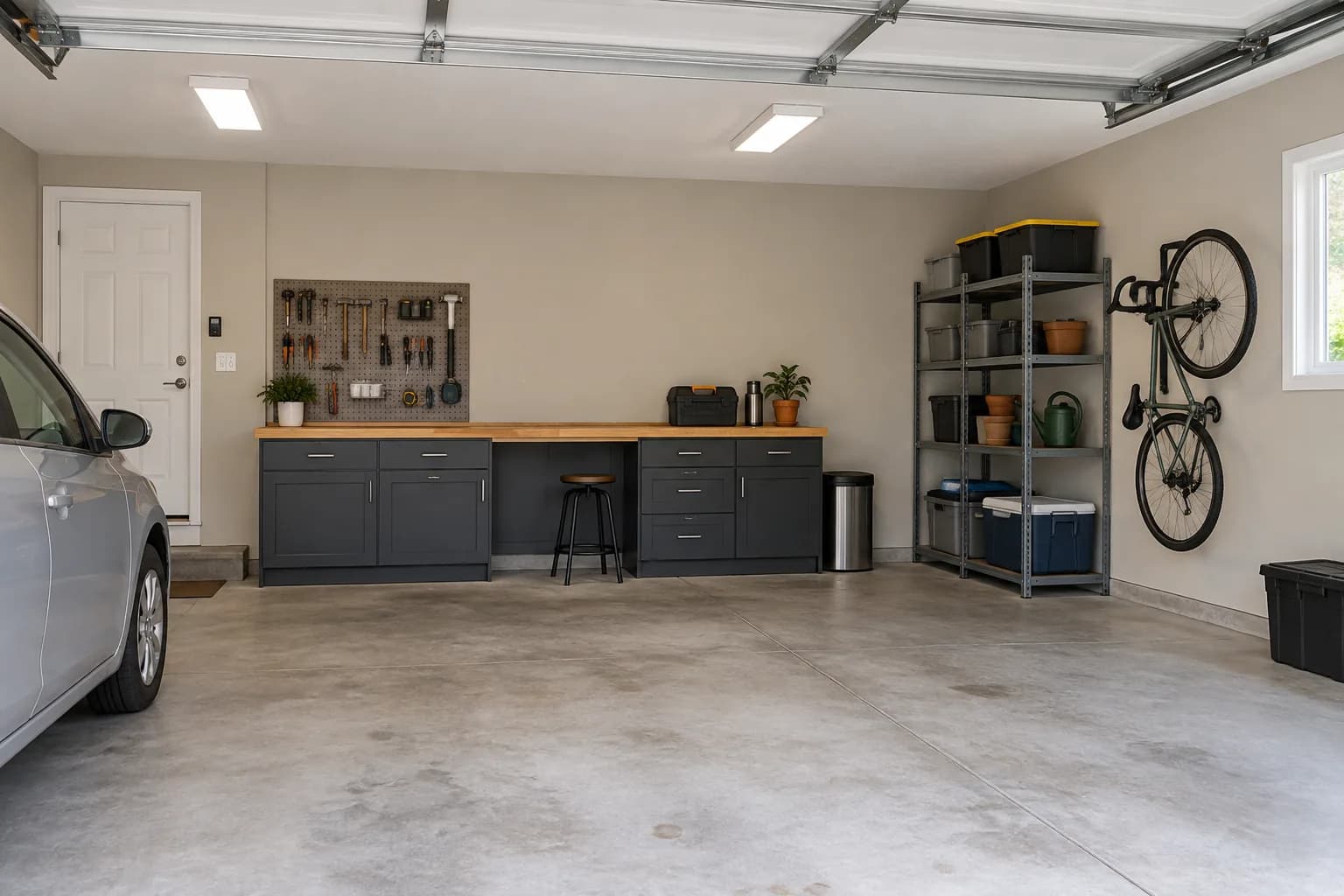 Greige garage with charcoal workbench cabinets, storage shelves, a wall-mounted bicycle, and a parked silver car