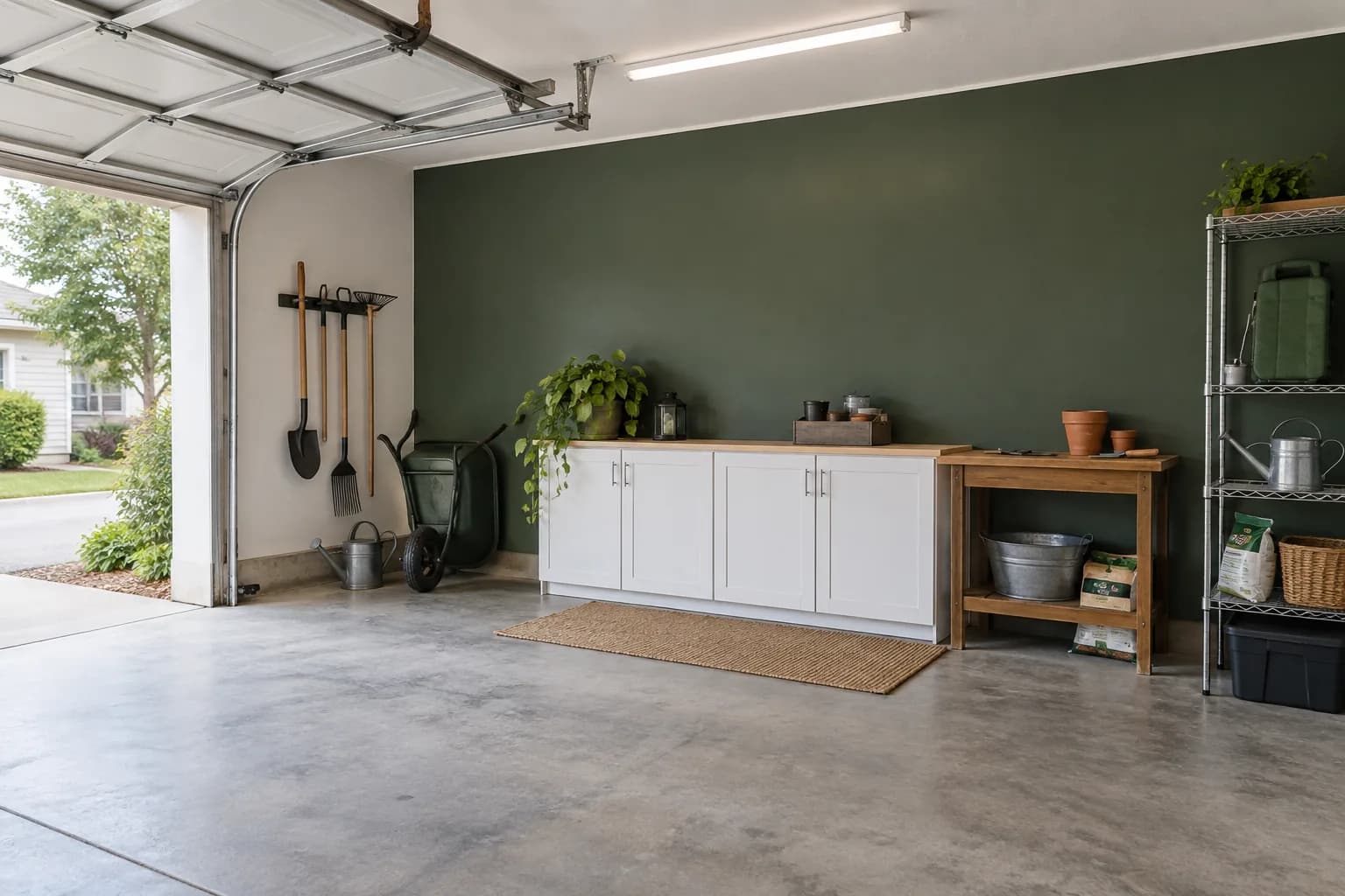 Forest green garage accent wall behind white cabinets and a small potting bench, with a white adjacent wall