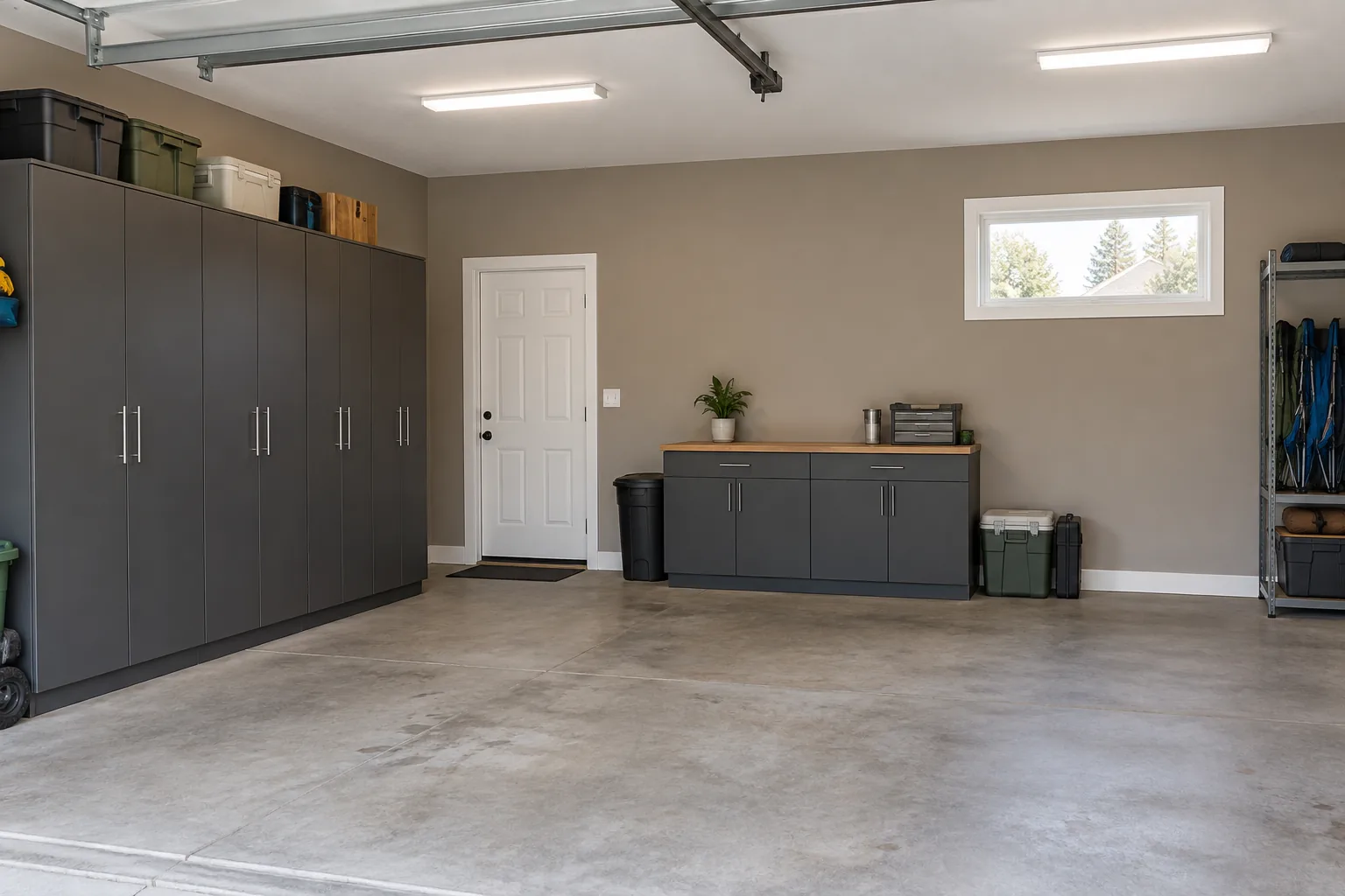 Greige garage walls with charcoal storage cabinets, white door and window trim, and a warm gray floor