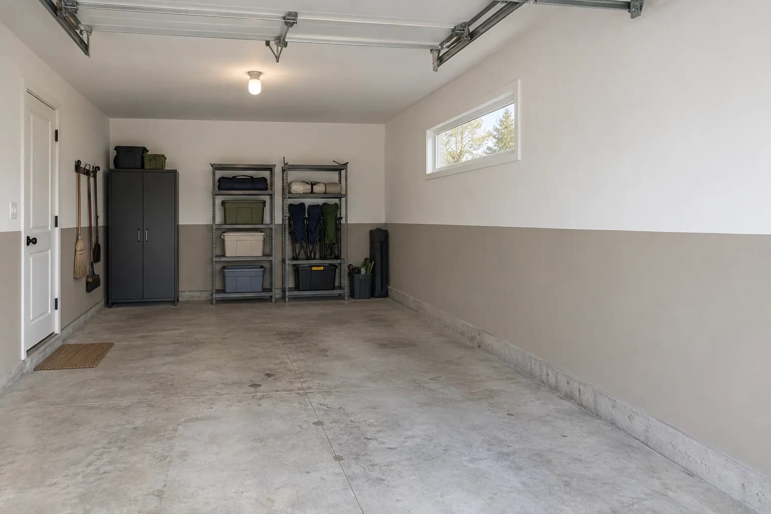 Garage with greige lower walls, soft white upper walls, charcoal cabinet, and utility shelves for camping gear