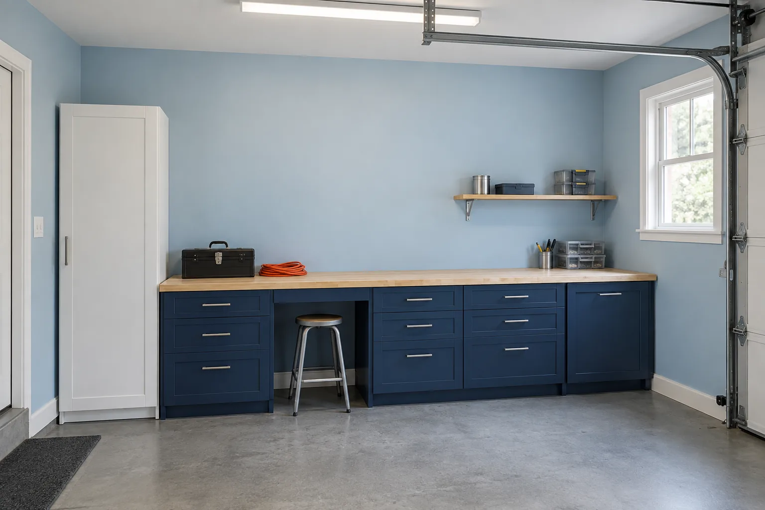 Light blue garage walls with navy workbench cabinets, a white tall cupboard, and a gray concrete floor