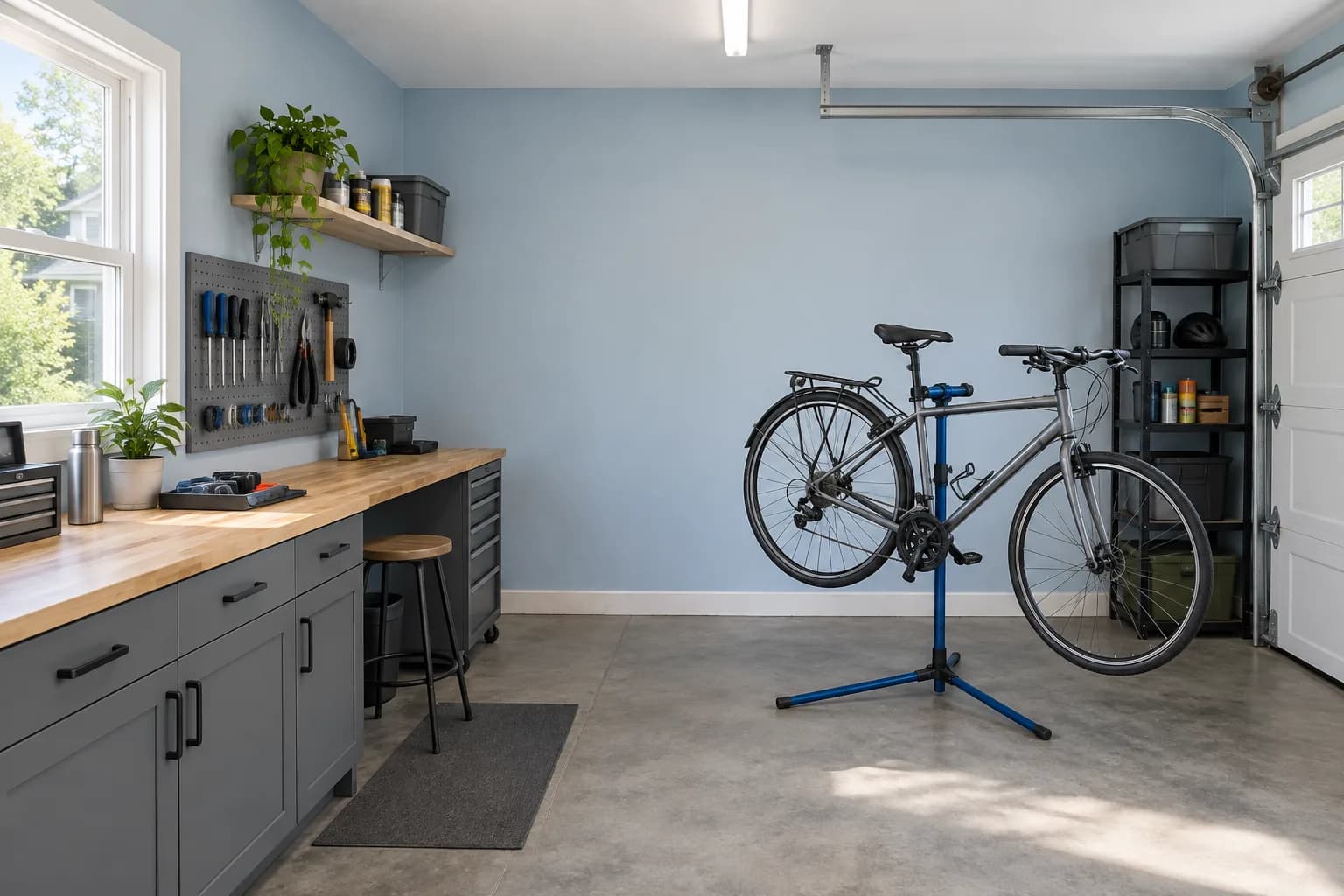 Light blue garage workshop with gray cabinets, a timber worktop, and a bicycle on a repair stand
