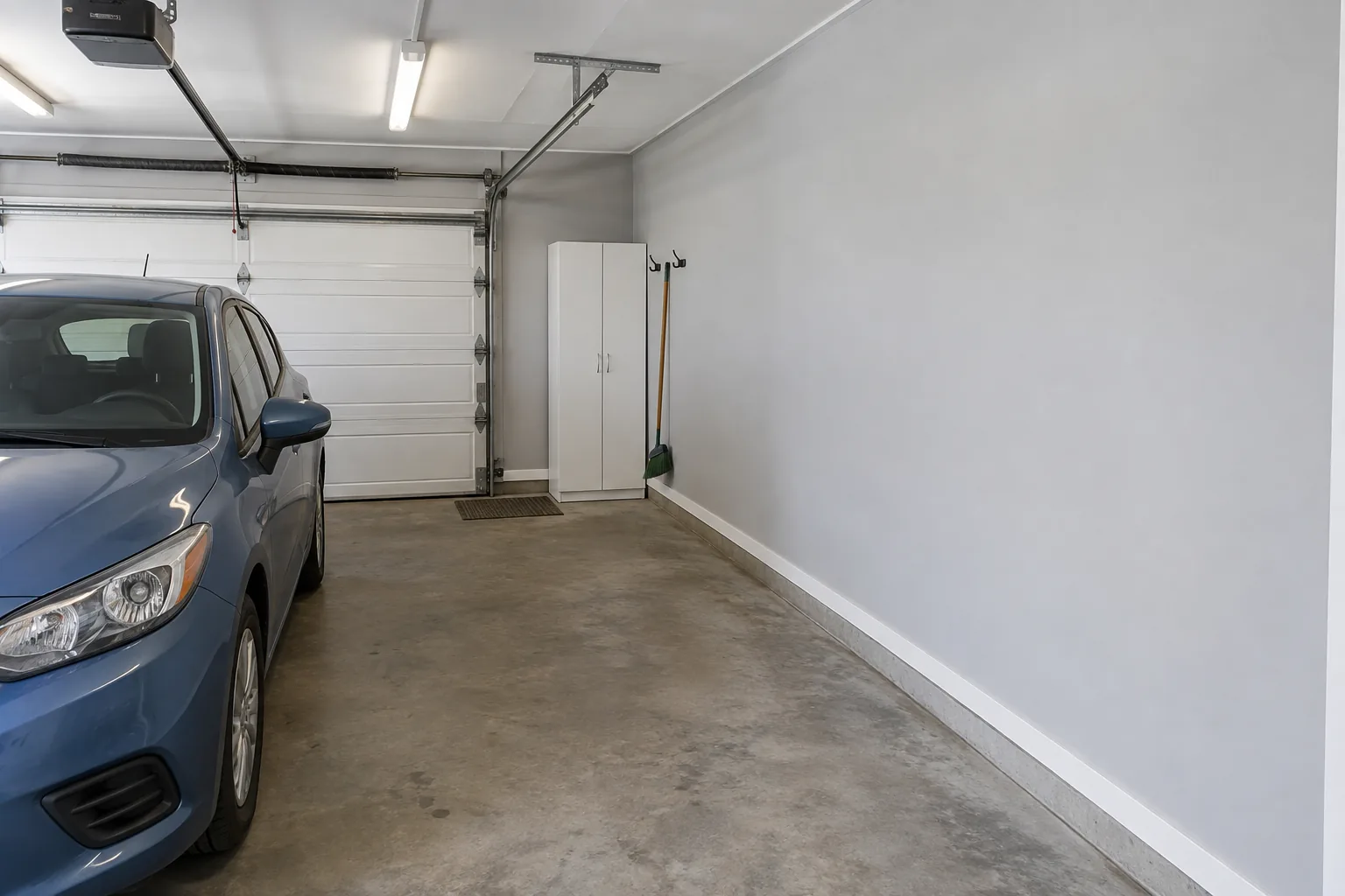 Simple light gray garage with a blue daily-driver car, white storage cupboard, and darker concrete floor