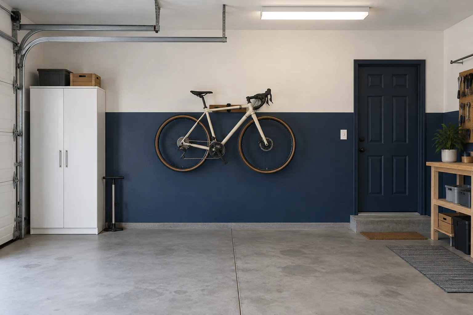 Garage with navy lower walls, white upper walls, a mounted cream bicycle, and a matching navy entry door