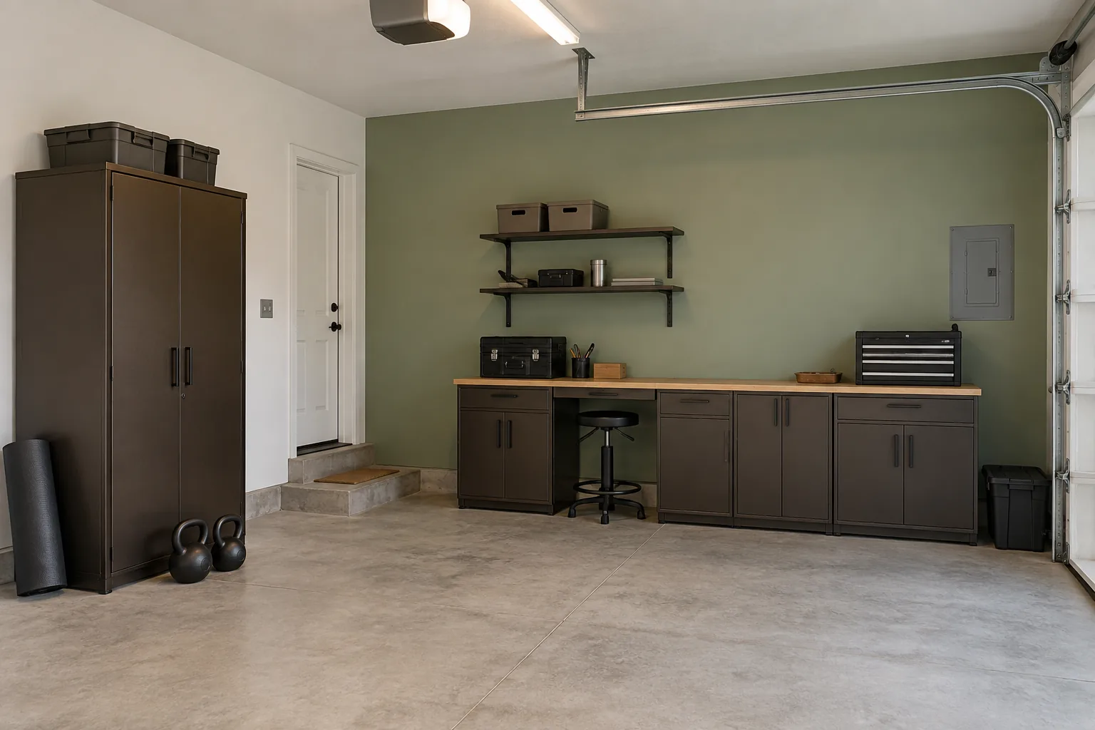 Sage green garage hobby area with dark bronze cabinets, a wood worktop, a white adjacent wall, and light gray flooring