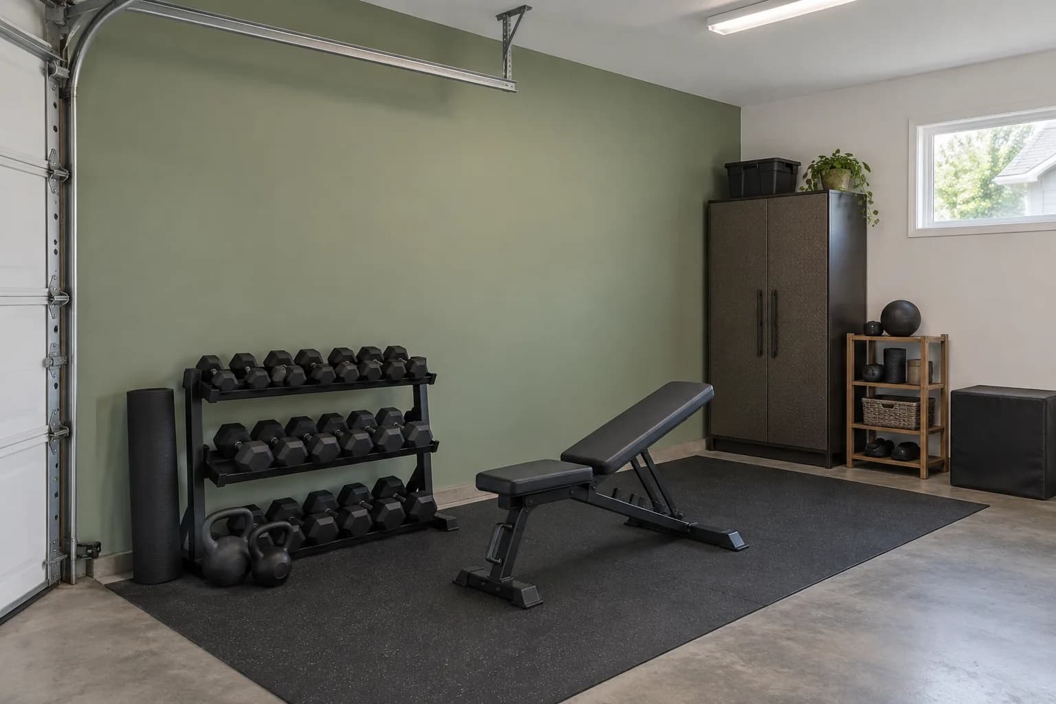 Sage green garage gym corner with a workout bench, dumbbells, dark cabinet, and black rubber flooring