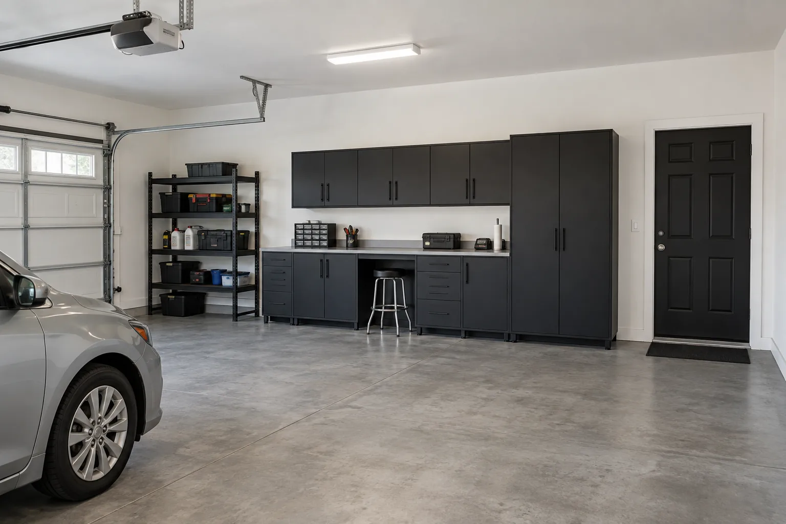 Soft white garage walls with black cabinets and shelving, a black entry door, and gray flooring