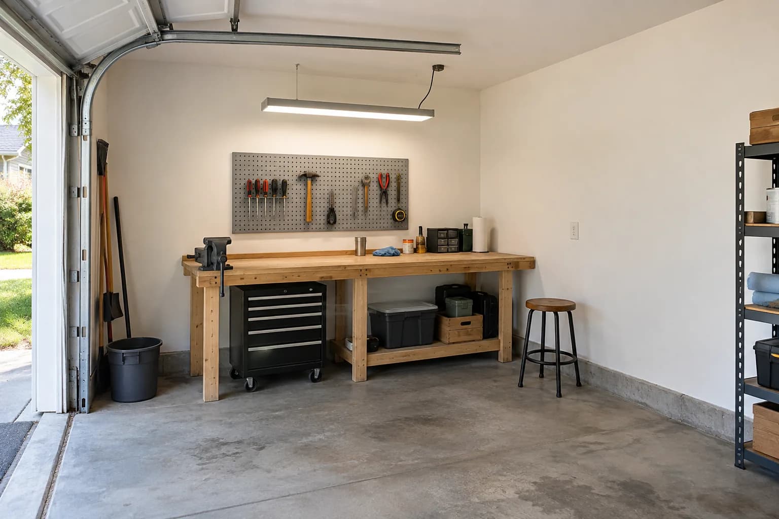 Soft white garage workshop with a timber workbench, vise, black rolling tool cabinet, and gray concrete floor