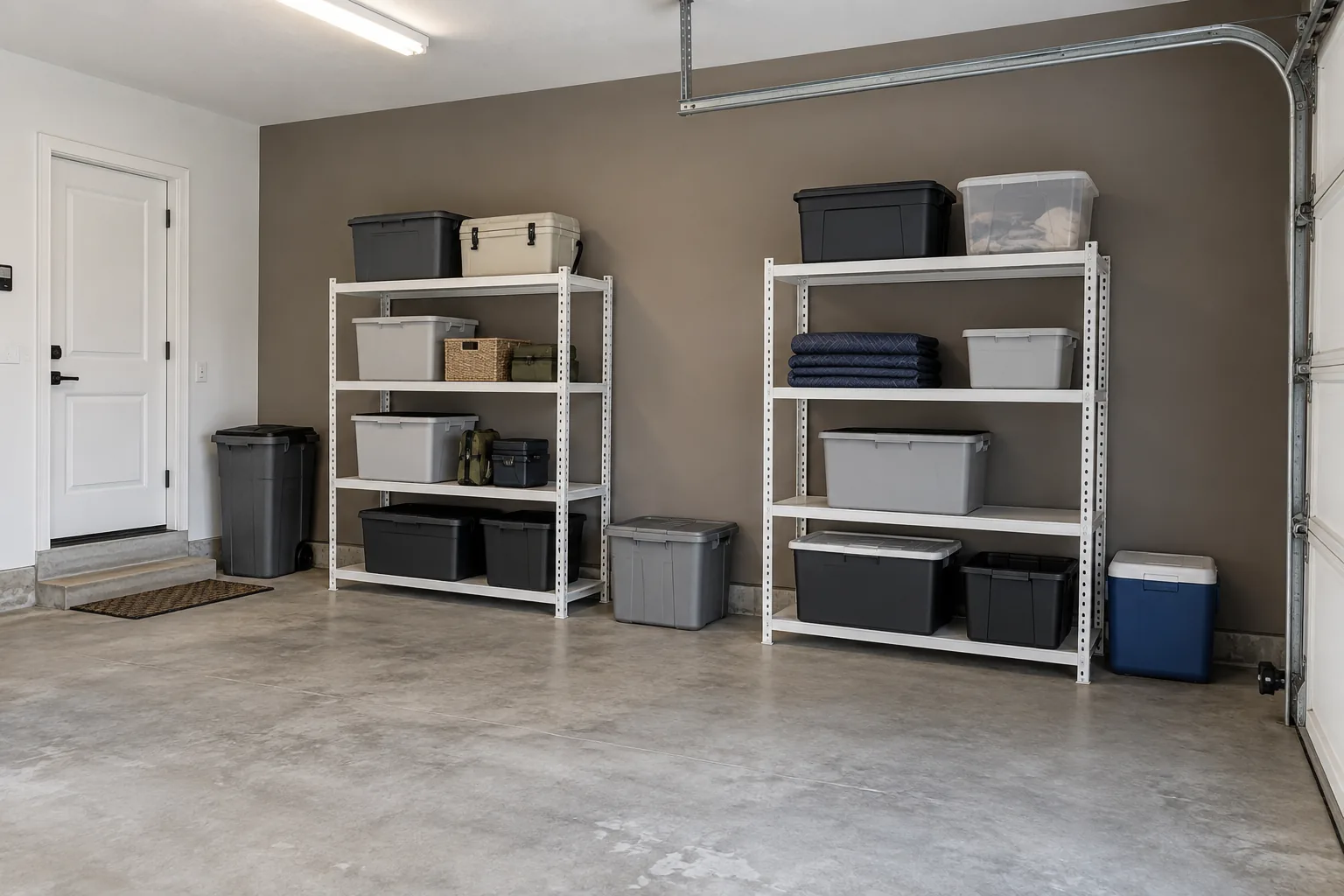 Taupe garage storage wall behind white utility shelves holding bins, folded blankets, and a cooler