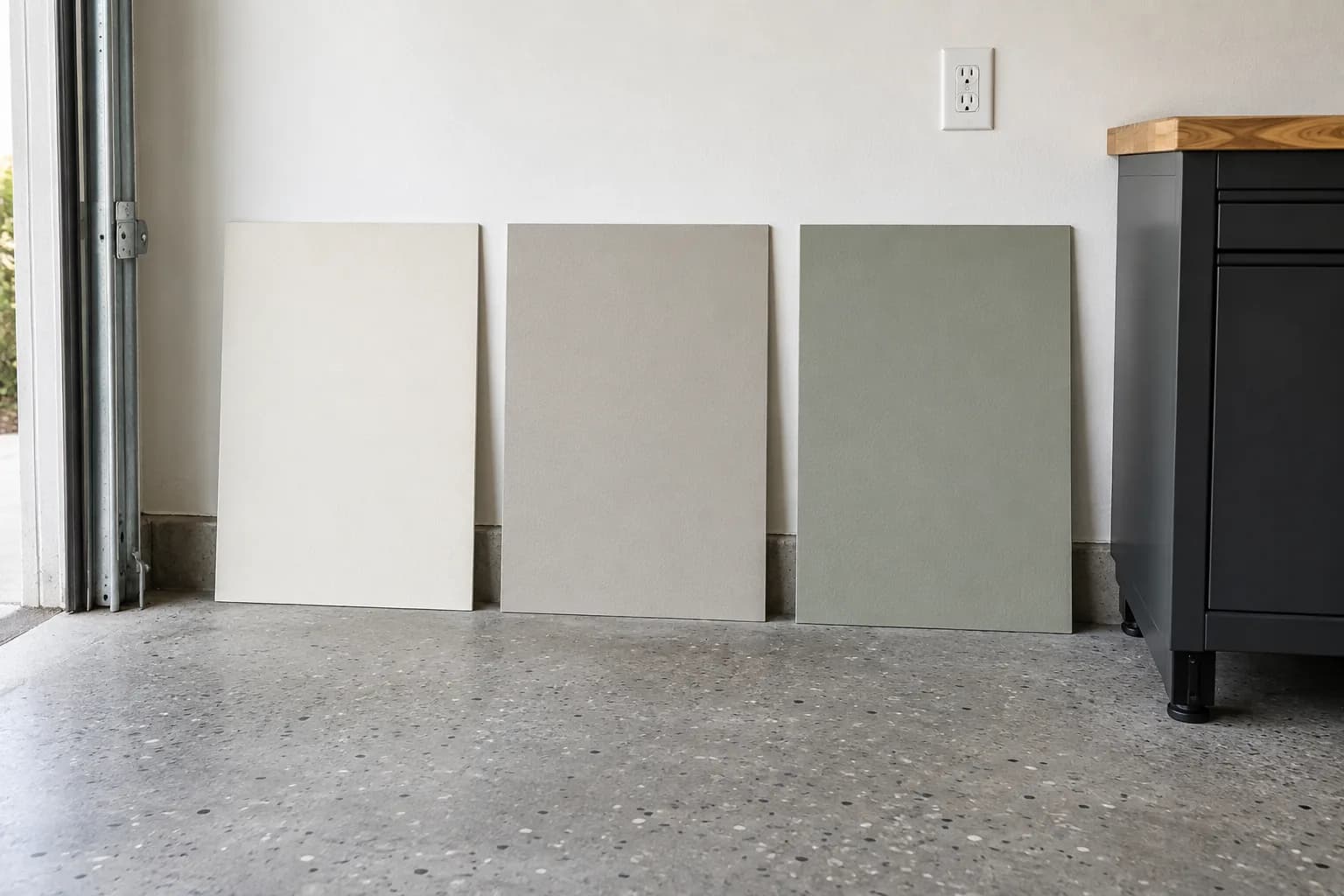 Warm white, greige, and sage paint sample boards beside a charcoal cabinet and gray concrete garage floor