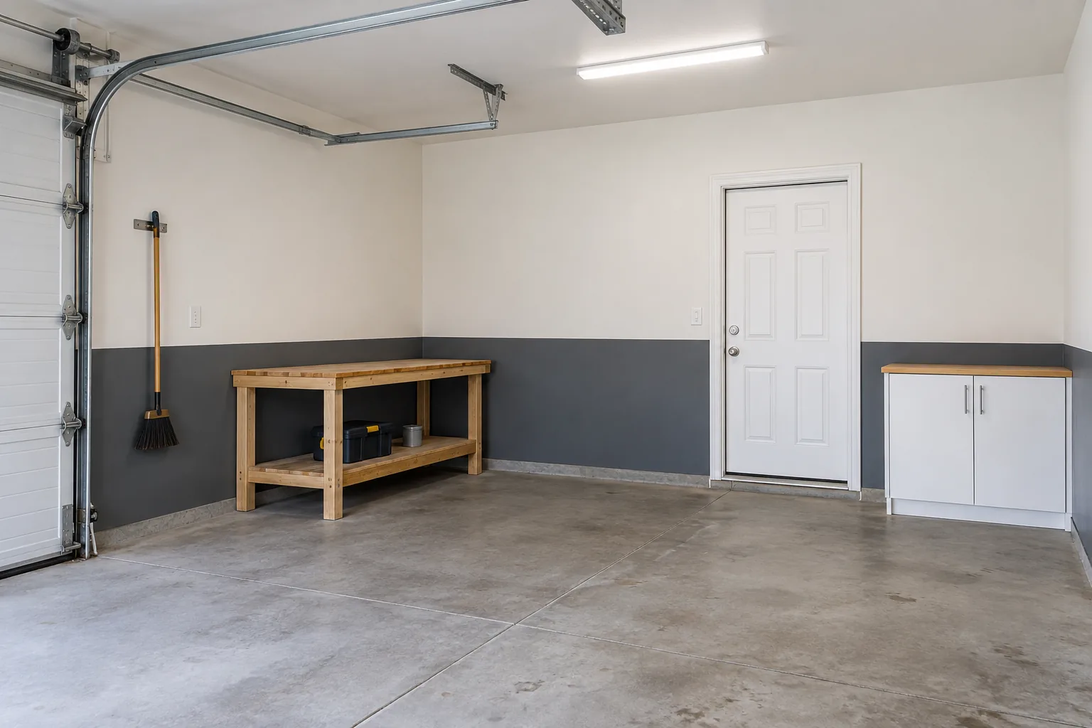 Simple garage with soft white upper walls and a continuous charcoal lower band beside a wood workbench and white cabinet