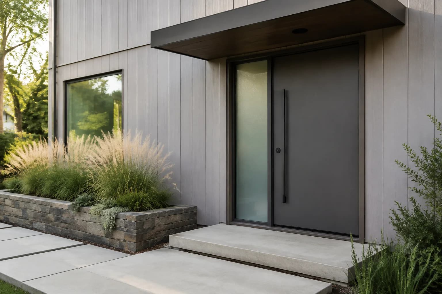 Charcoal slab door beneath a flat canopy beside pale gray vertical cladding, a glass sidelight, and a stone planter