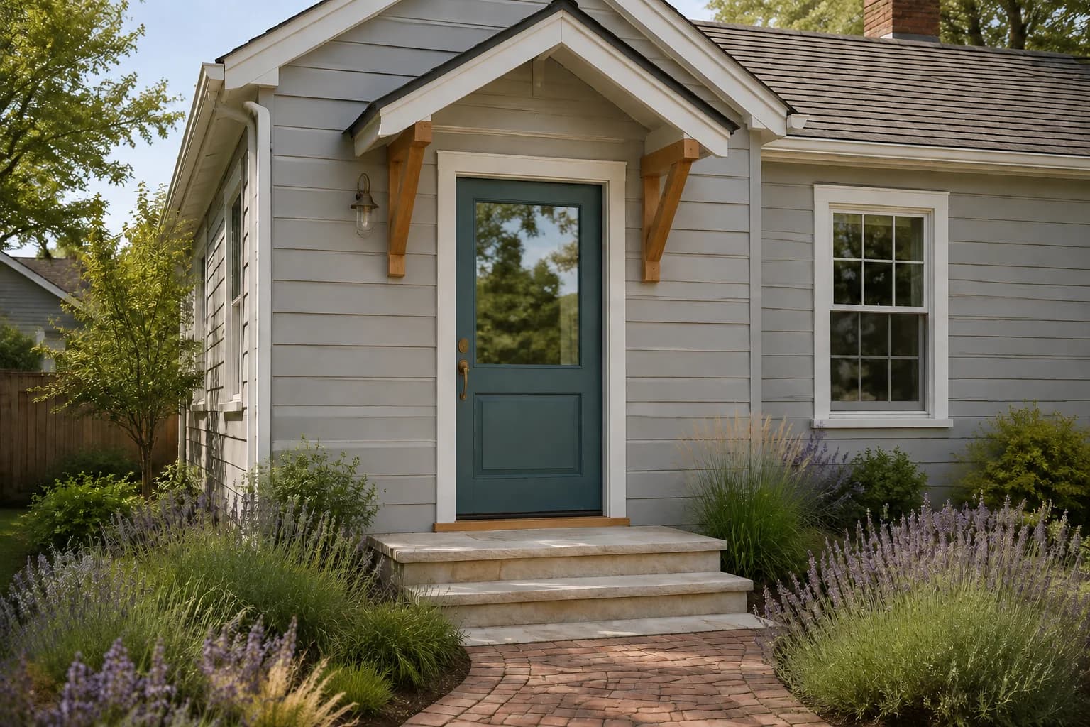Blue-green front door on a light gray house with white trim, a timber-supported canopy, stone steps, and a planted brick approach