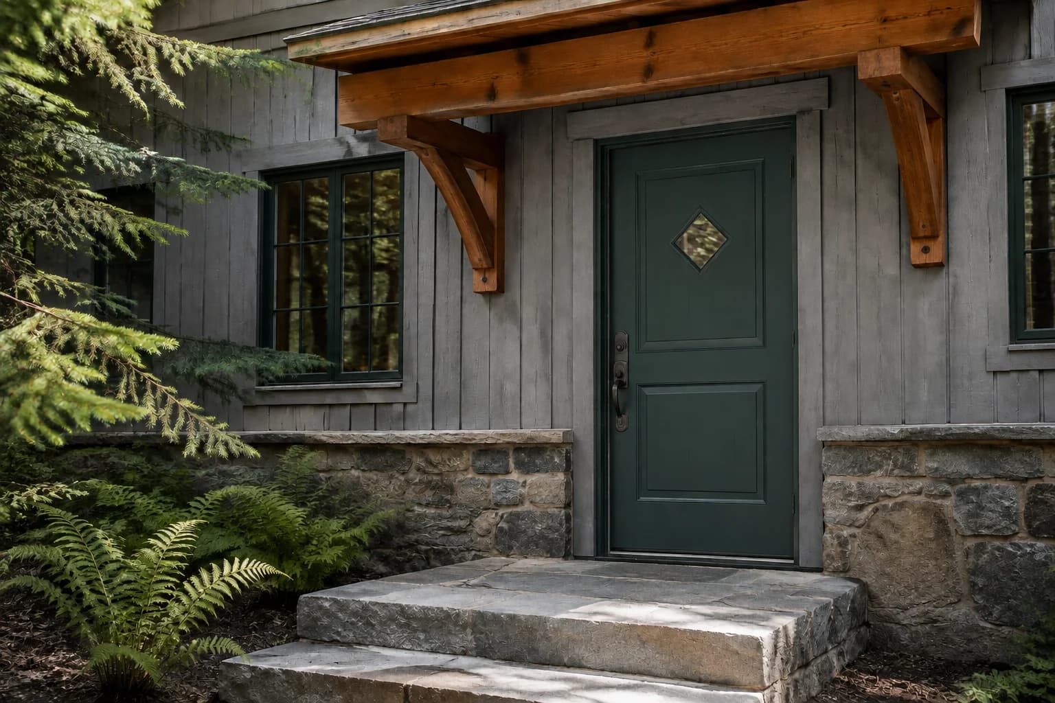 Forest green door with a diamond window beneath a timber canopy on a gray mountain house with stone steps and ferns