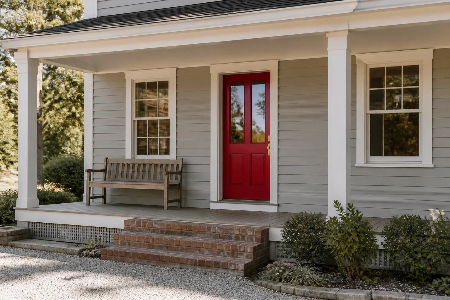 Classic red glazed farmhouse door with white trim, light gray clapboard, a wood porch bench, and brick steps
