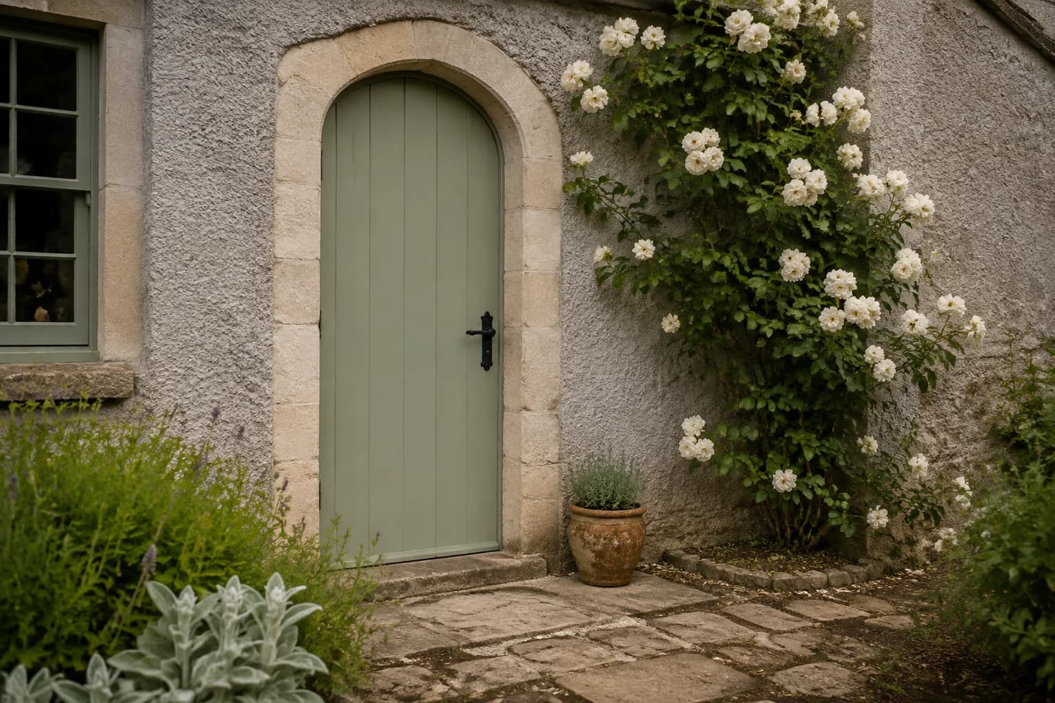 Arched sage green plank door in a limestone surround on a gray roughcast cottage with climbing white roses