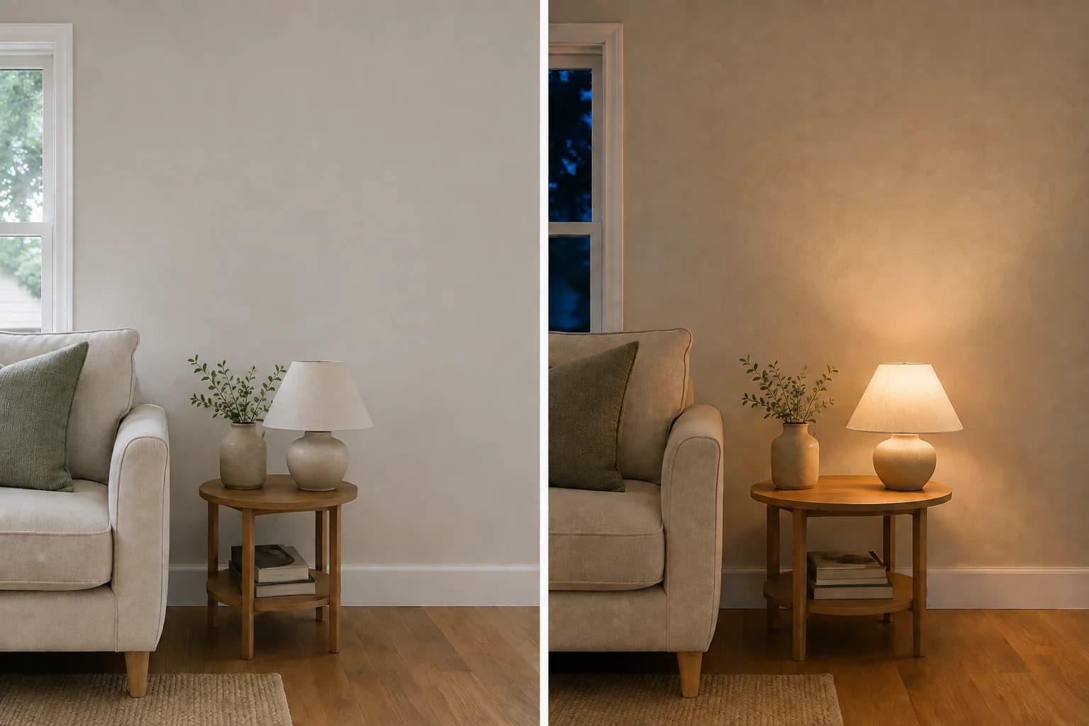 Dos vistas de un salón con paredes de color greige: a la izquierda se ven más frías con luz natural y a la derecha más cálidas bajo una lámpara de mesa