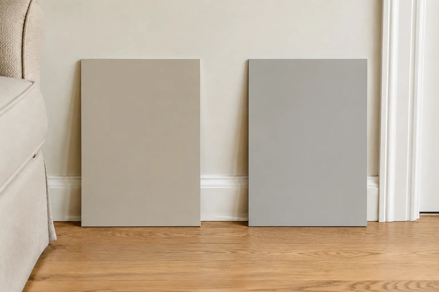 Large warm greige and cool gray sample boards spaced apart against a wall beside oak flooring, white door trim, and an oatmeal chair