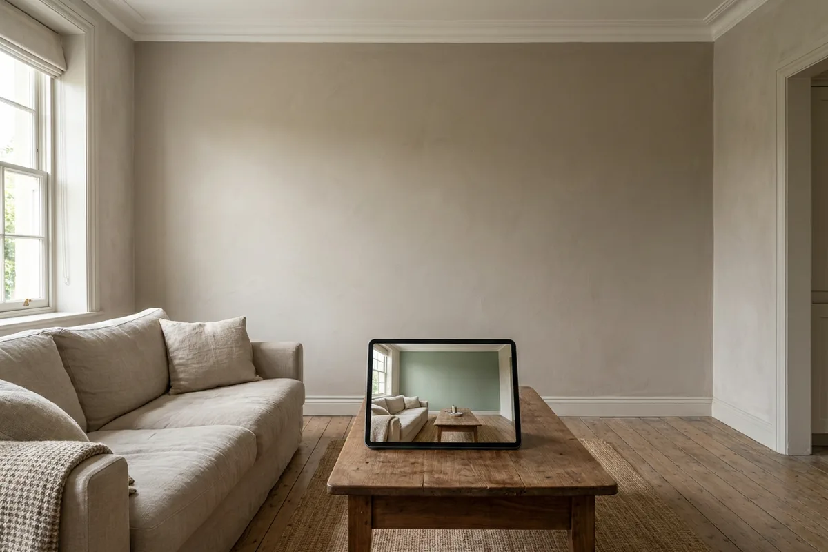 Living room with soft greige walls and a linen sofa, with a tablet on the coffee table previewing the same room in sage green