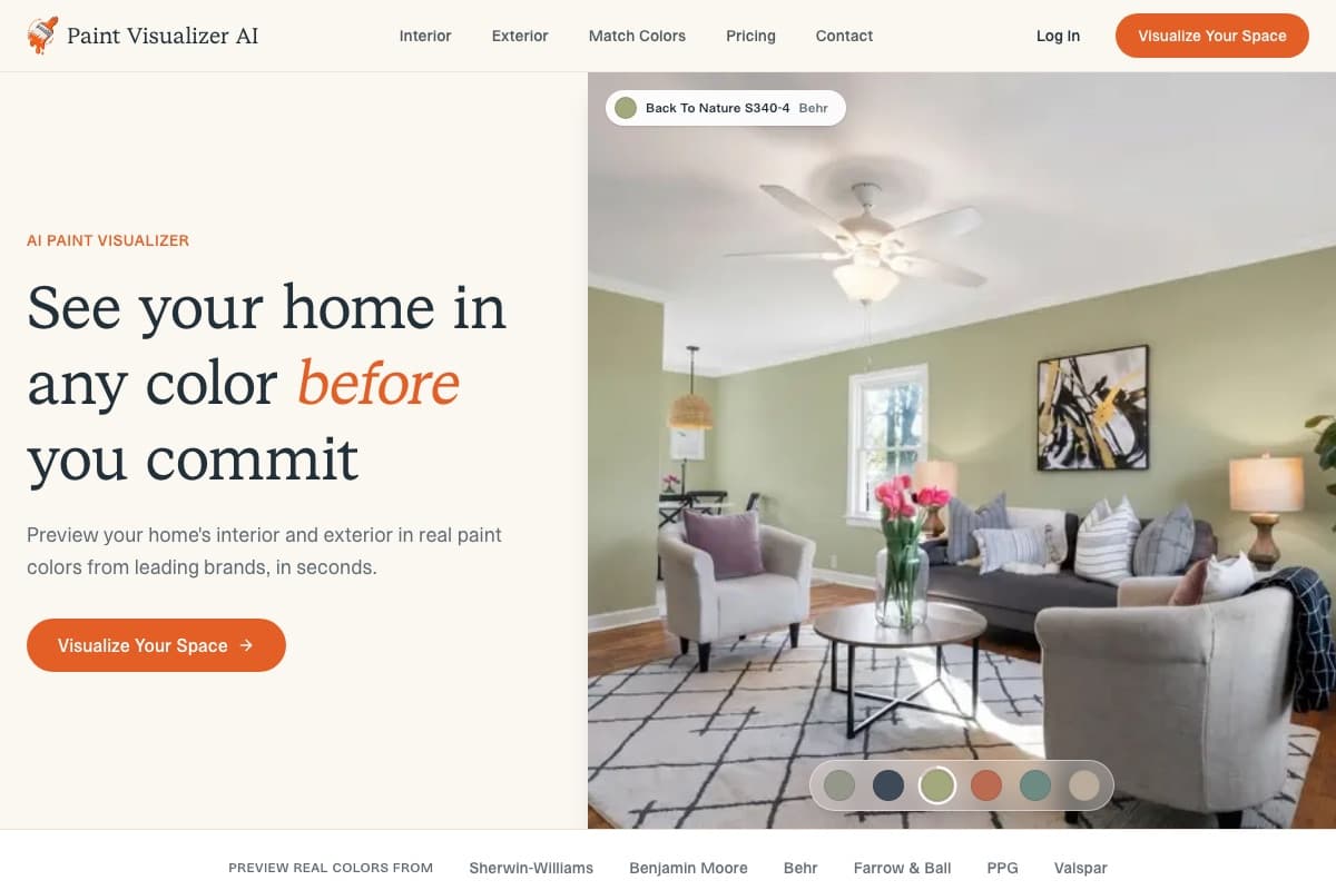 Paint Visualizer AI homepage showing a living room previewed in a sage green with real paint colors from multiple brands