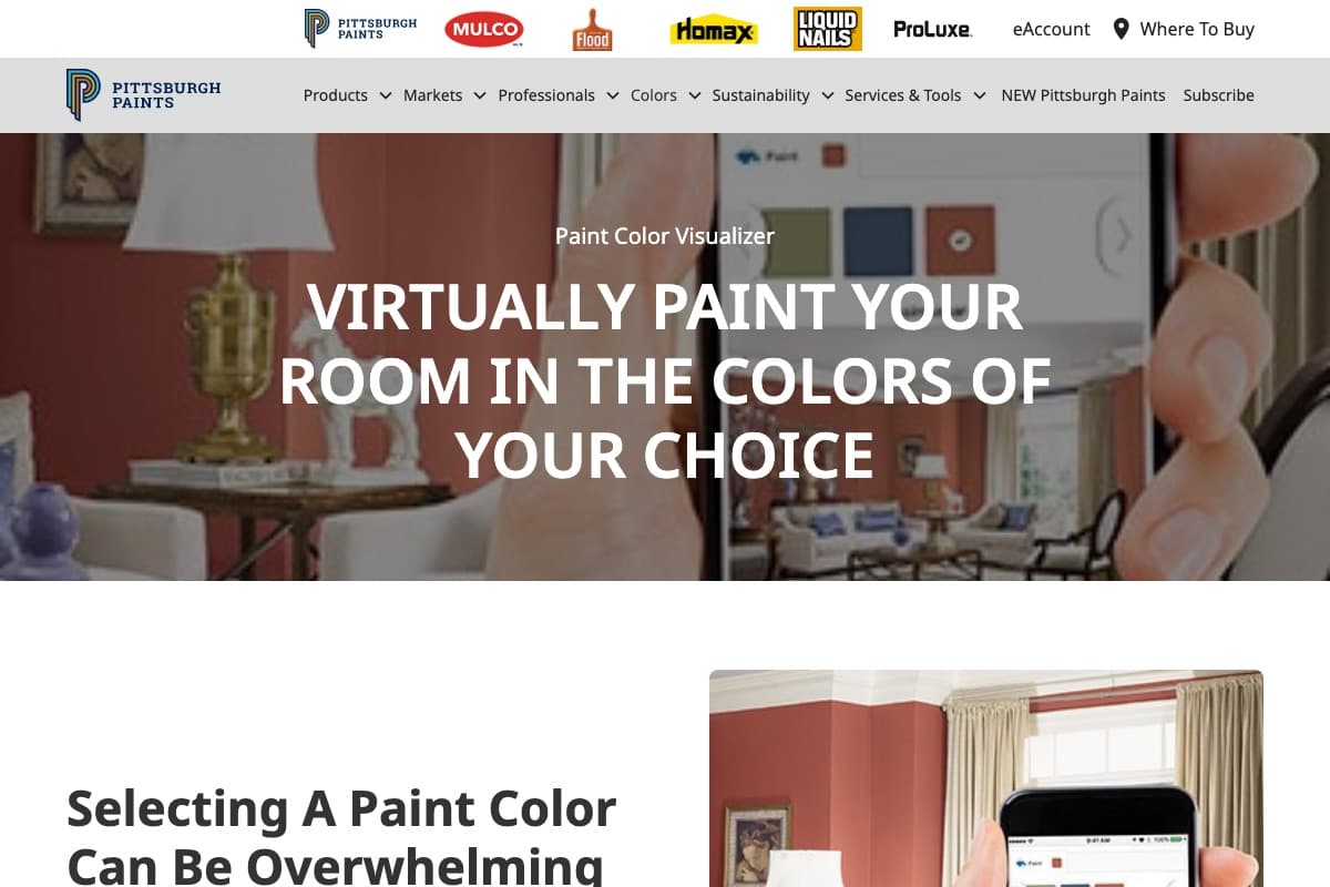 PPG Paint Color Visualizer page with a living room virtually painted in a terracotta red