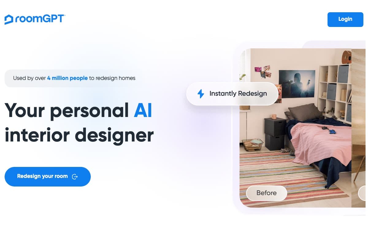 RoomGPT homepage with an AI room redesign example showing a bedroom before photo