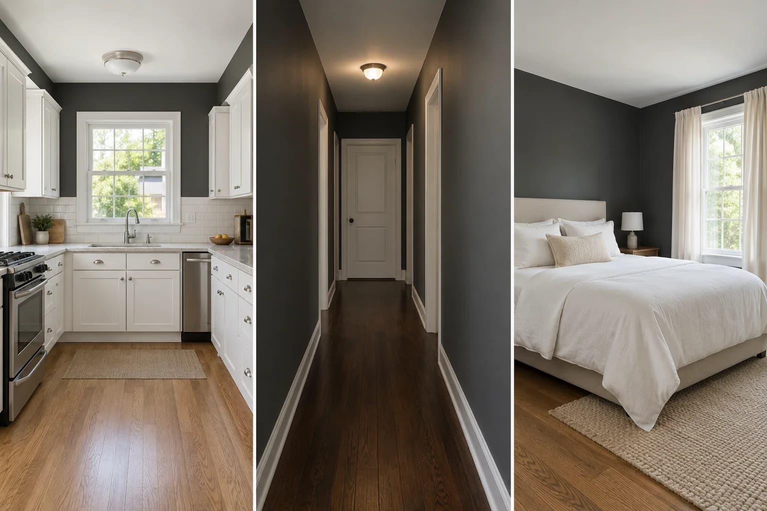 Murs anthracite dans une cuisine lumineuse aux meubles blancs, un couloir étroit et sombre, et une chambre au linge de lit clair