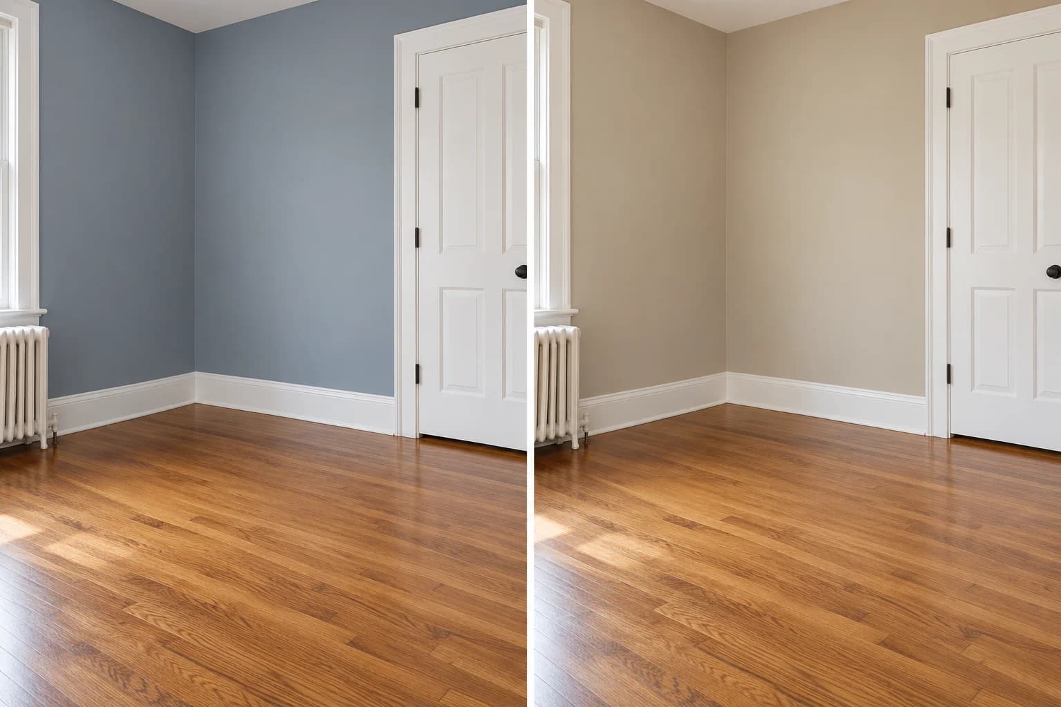 Murs gris-bleu froid à gauche et beige plus chaud à droite, à côté du même parquet en chêne orangé