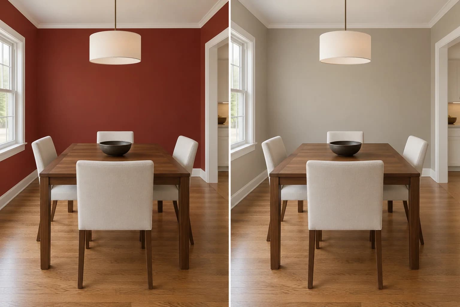 La même salle à manger avec des murs rouge profond à gauche et grège clair chaud à droite