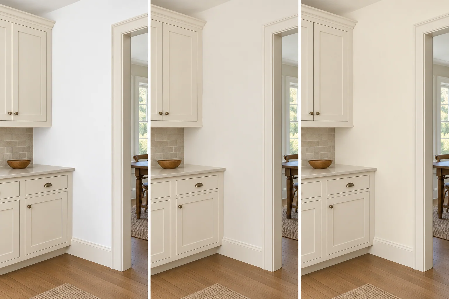 Trois vues de meubles de cuisine crème à côté de murs blanc éclatant, blanc doux et blanc crémeux, de gauche à droite